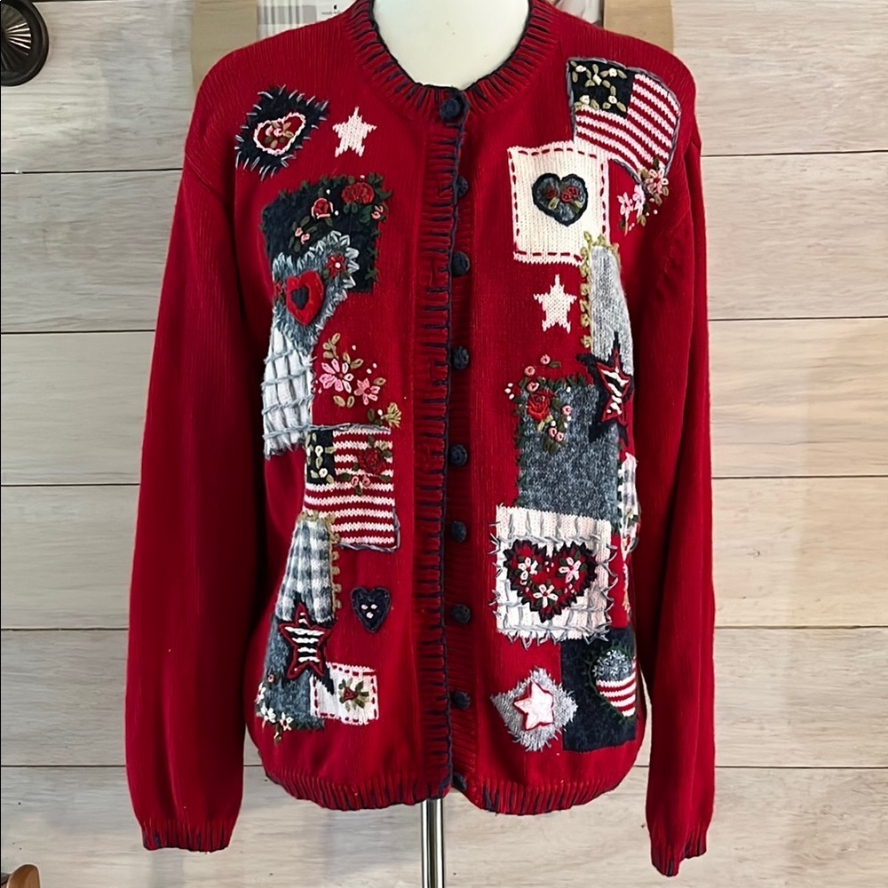 Heirloom Collection Vintage Women's Red Patchwork Cardigan Sweater L